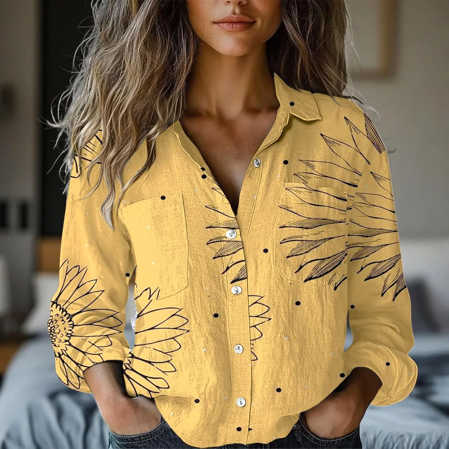 Блуза с цветочным принтом, Women's Long Sleeve Printed Button Down Shirt, желтый — фото 4