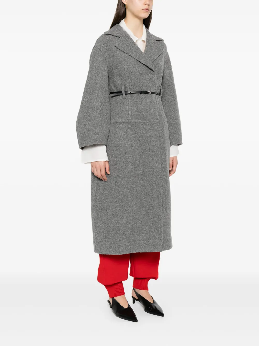 Пальто из смесовой шерсти с поясом JIL SANDER, серый — фото 3