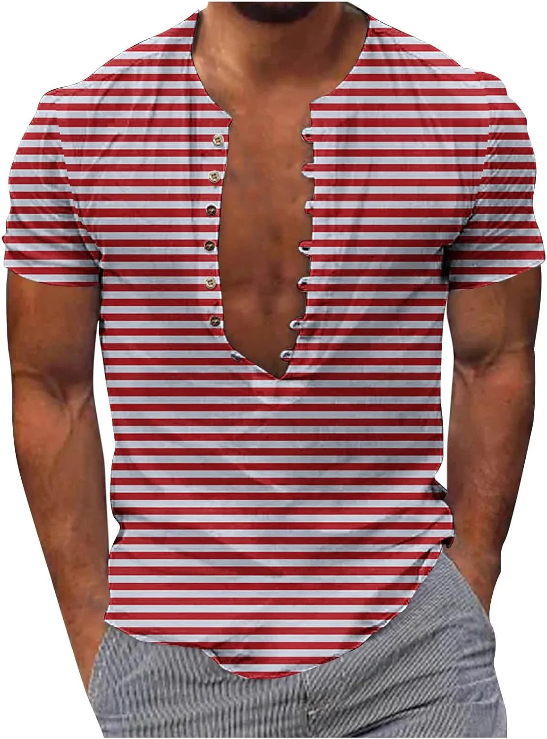 

Мужская футболка henley с коротким рукавом и v-образным вырезом, slim fit, в полоску QUNPIU