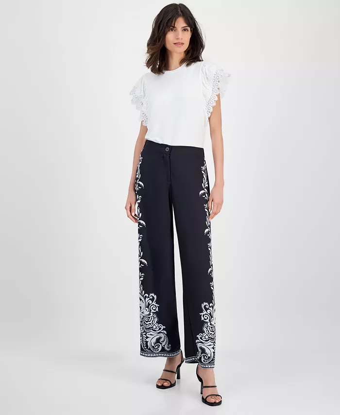 

Женские брюки прямого кроя с принтом листьев и широкими штанинами T Tahari, мультиколор