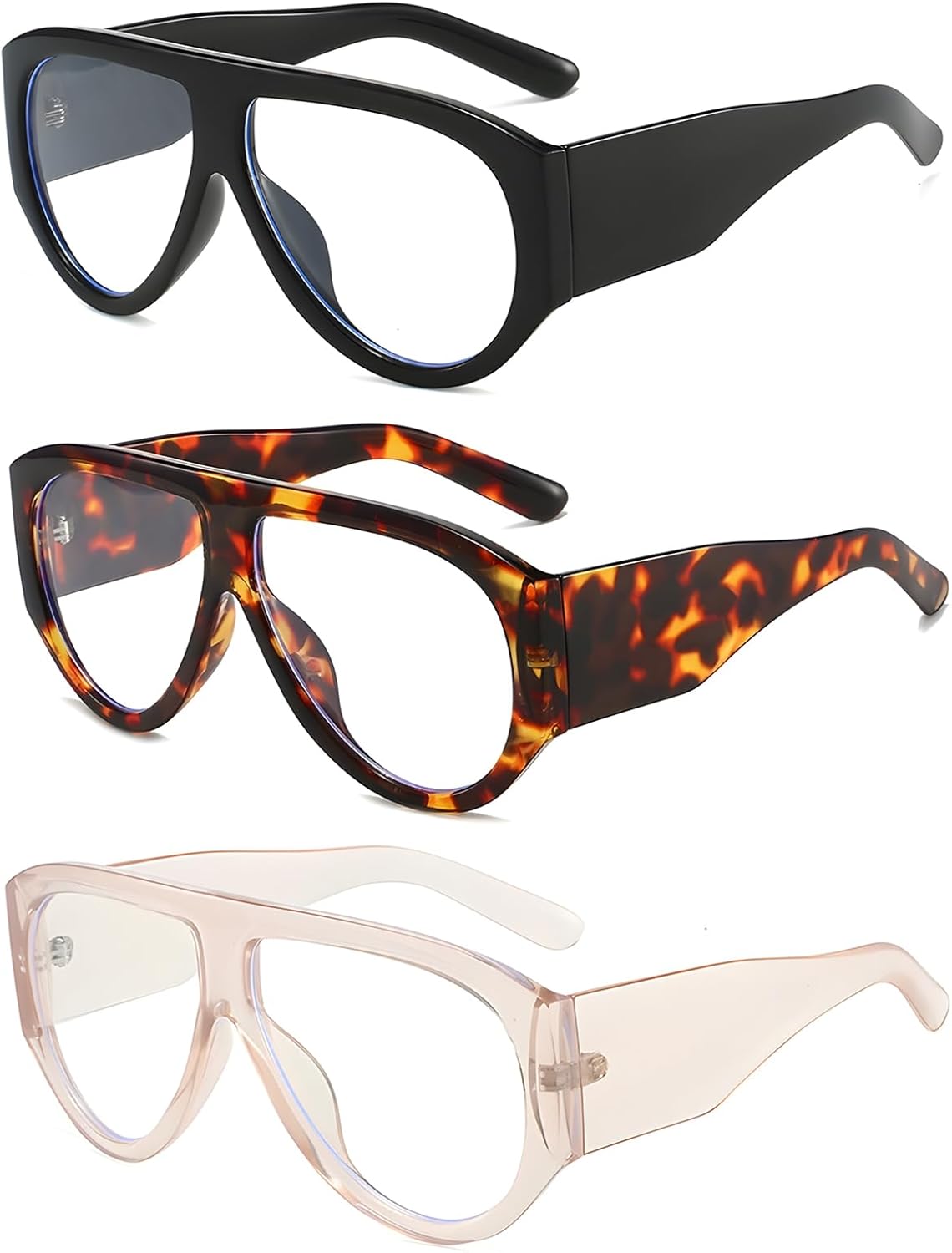 

Комплект больших солнцезащитных очков-авиаторов для женщин и мужчин. Модные квадратные очки с толстой оправой и защитой от УФ-излучения UV400 QYVEWY, Clear Black/Leopard/Champagne