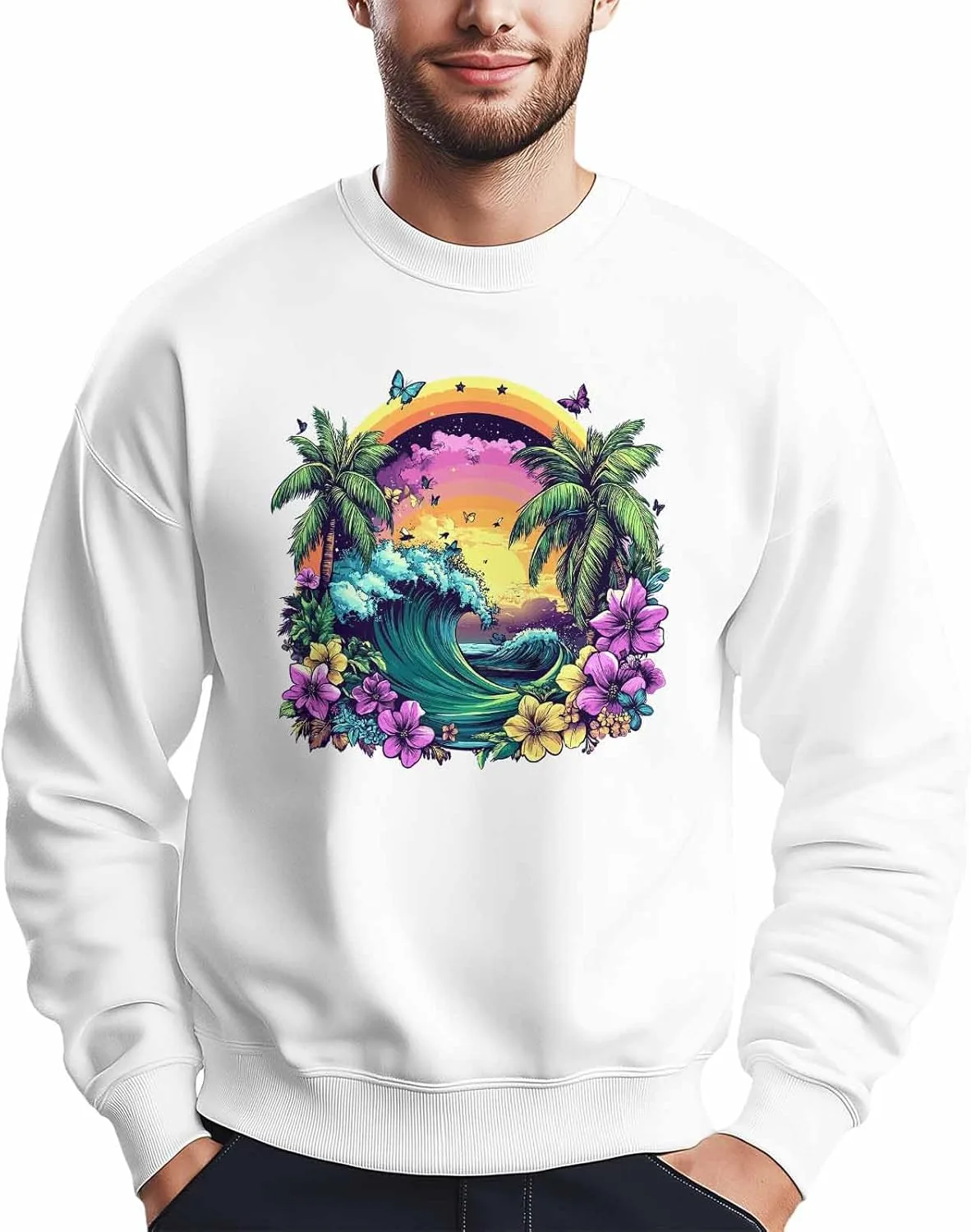 

Мужской свитшот с принтом океанских волн, пальм и бабочек Winvebermior