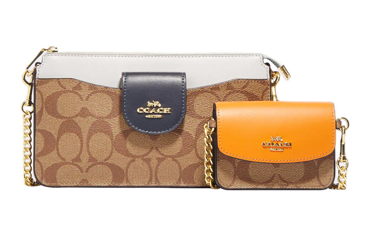 

Сумка-комбо из комбинированной кожи и холста, через плечо, кроссбоди маленькая женская цвета хаки и мелово-белый COACH