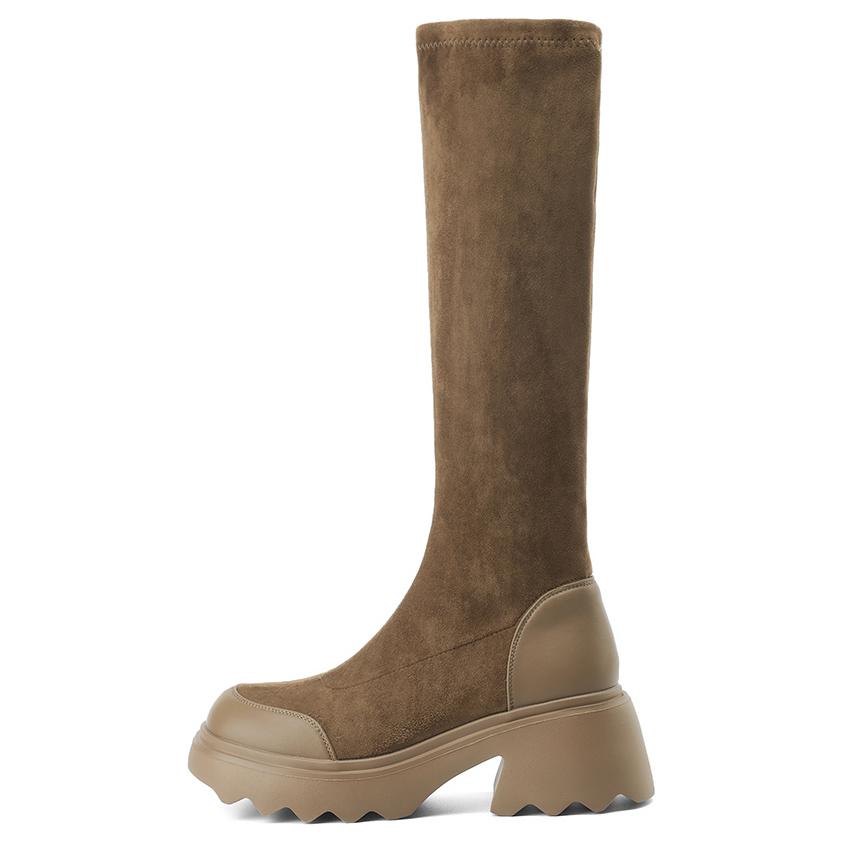 Ботинки облегающие высокие до колена на каблуке 5,5 см женские черные BOERDIQI, коричневые — фото 2