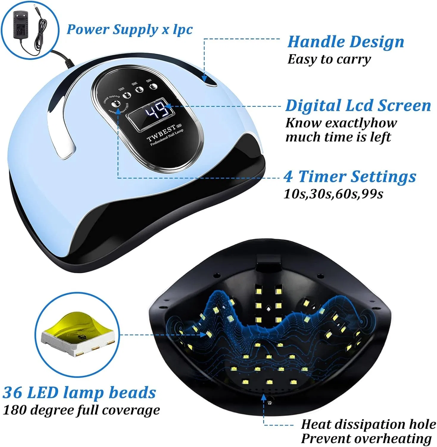 УФ LED-лампа для сушки ногтей TWBEST 168 Вт с 4 таймерами Twbest, Blue — фото 2