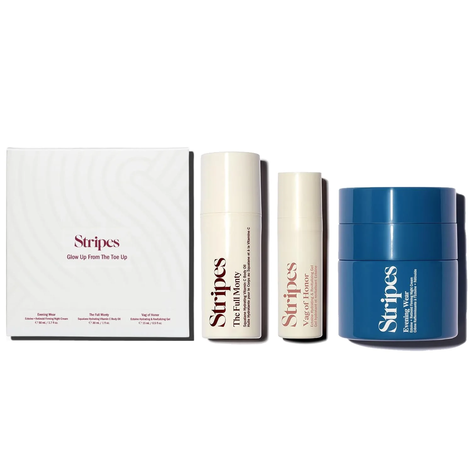 Stripes Beauty Naomi Watts Glow Up The Toe Up Holiday Gift Set: полноразмерный ночной крем с мягким ретиноидом, дорожный размер увлажняющего масла для тела, успокаивающий гель для интимной зоны.