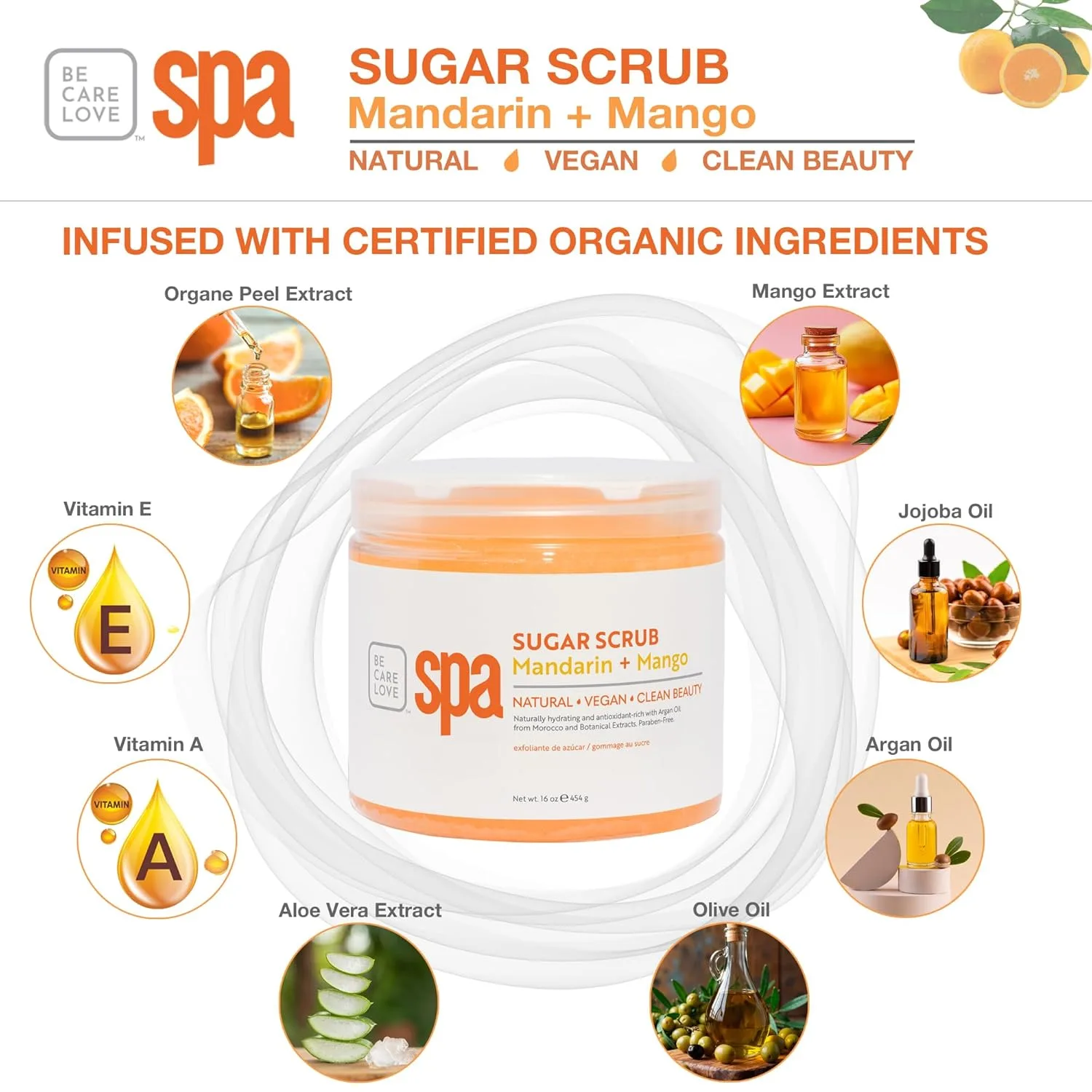 BCL Spa Mandarin Mango Sugar Scrub - Профессиональный отшелушивающий скраб для тела с органическими эфирными маслами, натуральный уход за кожей и телом, произведено в США, 450 мл 453.60 г (1 шт.) — фото 2