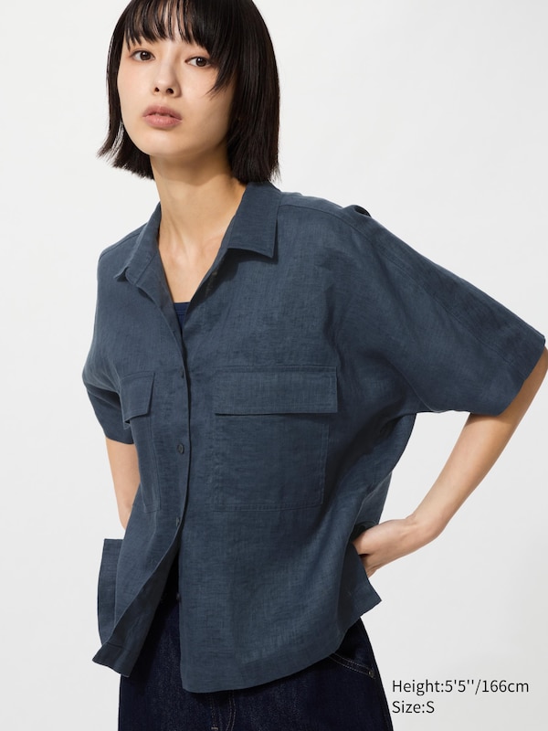 

Рубашка из 100% премиального льна с воротником «скіппер», свободного кроя Uniqlo, 69 navy