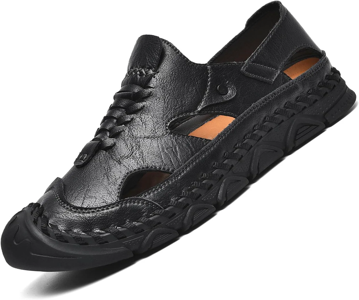 

Мужские кожаные сандалии-слипоны с закрытым носком, ручная прошивка, для рыбалки, на открытом воздухе, повседневные, дышащие, с мягкой подошвой, для ходьбы и спорта, летние нескользящие пляжные водные туфли Optigard, черный