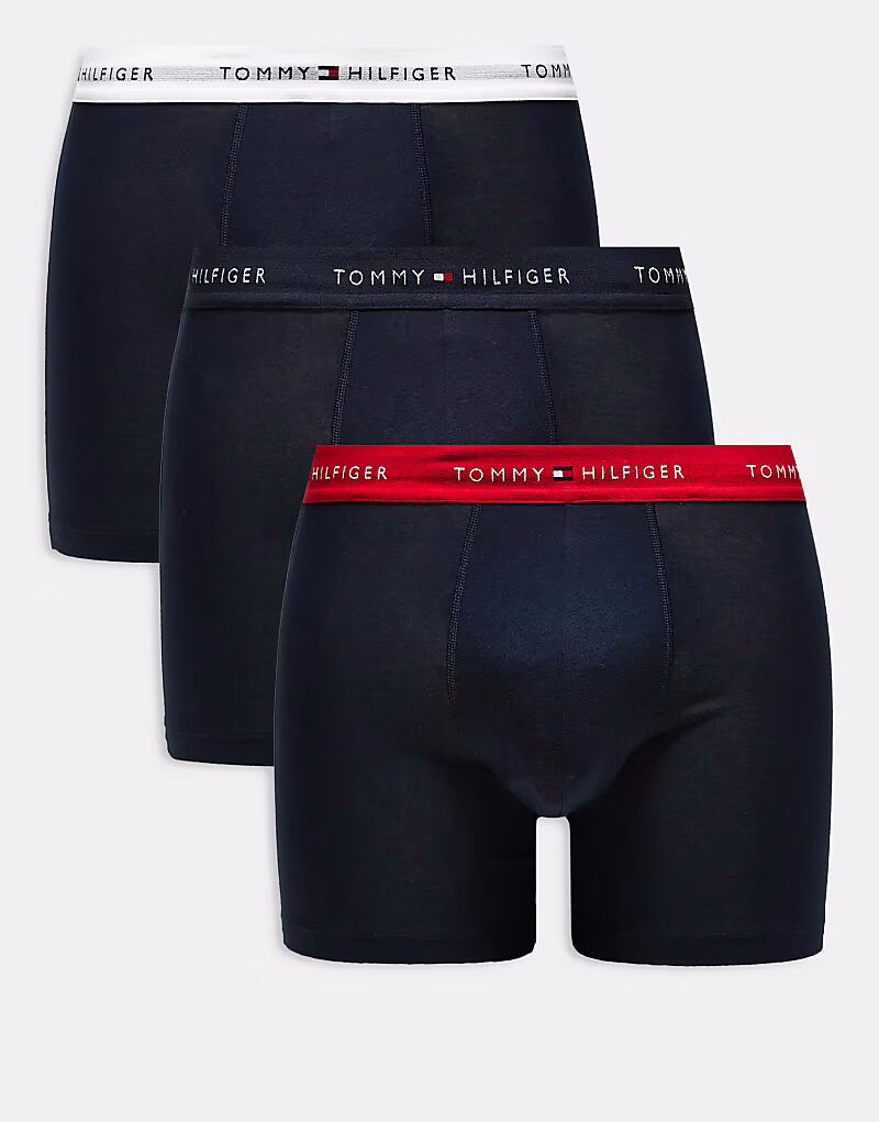 

Фирменные хлопковые трусы-боксеры Tommy Hilfiger Essentials, комплект из 3 пар, темно-синего цвета с темно-синим/бело-красным поясом