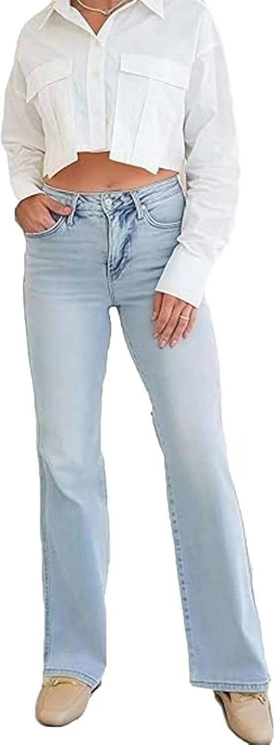 Винтажные джинсы Plus-Size Stretchy, Casual High Waisted Tummy Control, Wide Leg