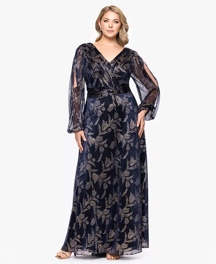 

Платье А-силуэта с длинными рукавами и фольгированной отделкой больших размеров Betsy & Adam, синий