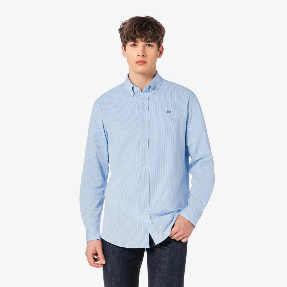 Мужская полосатая рубашка из джерси серо-голубая от Lacoste — фото 4
