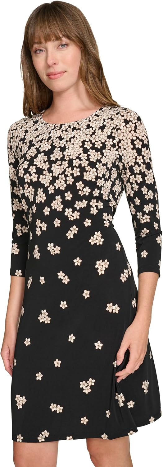 Женское мини-платье-футляр Tommy Hilfiger с рукавами 3/4 и круглым вырезом, Black/Cream Multi — фото 3