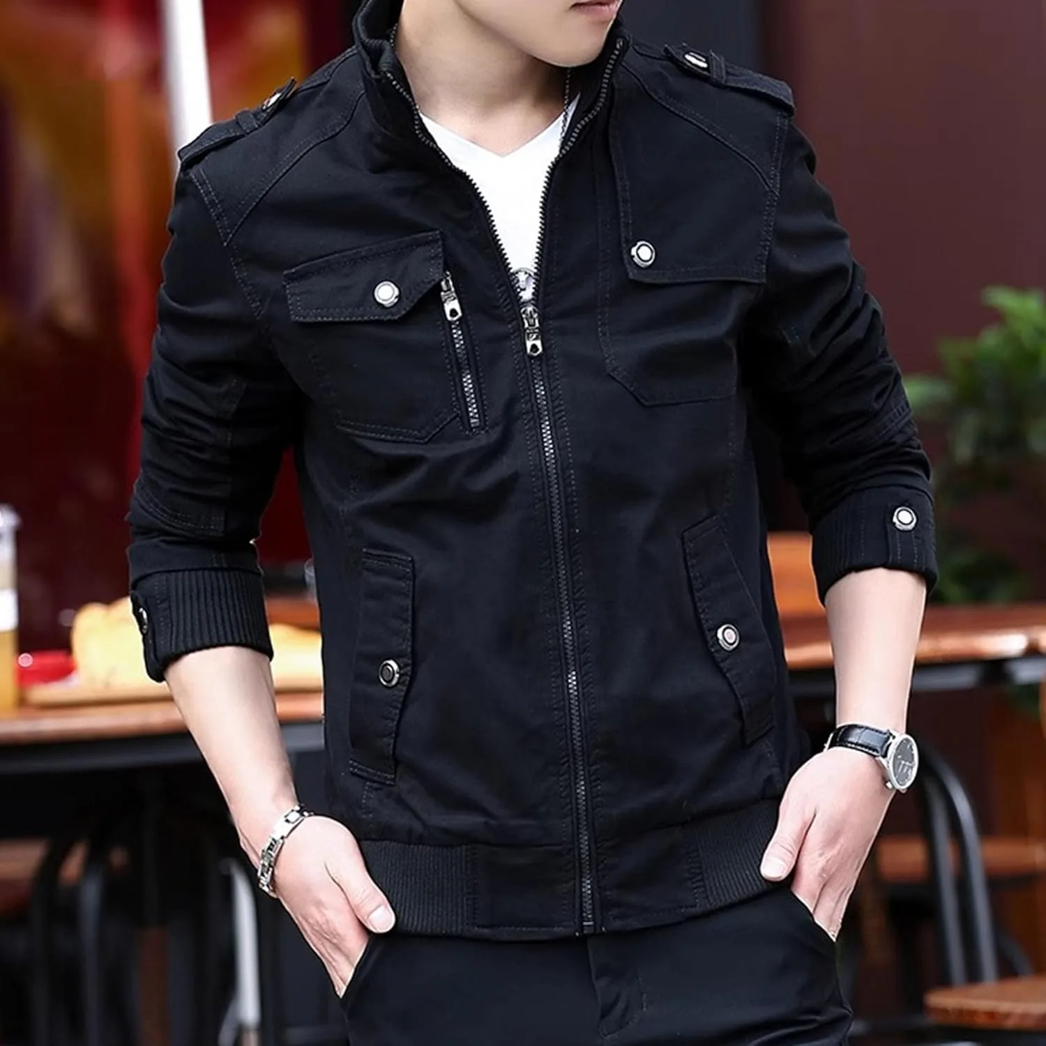 Мужская повседневная куртка в стиле милитари, куртки-бомберы из хлопка с множеством карманов Generic, черный — фото 3