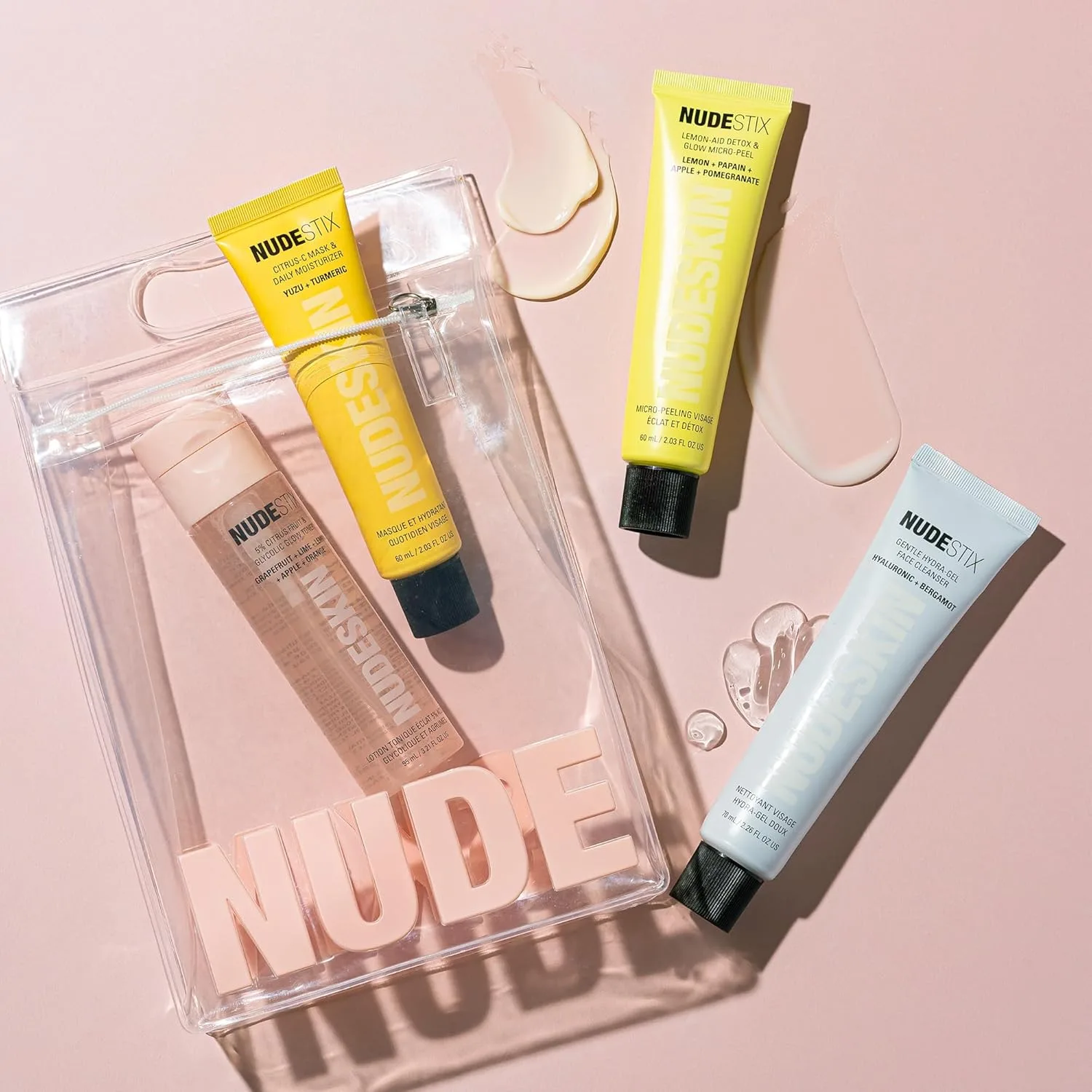 Nudestix Nude Essentials для чувствительной кожи - набор из 4 средств: мягкое очищающее средство, тоник, эксфолиант и увлажняющий крем/праймер, Clear