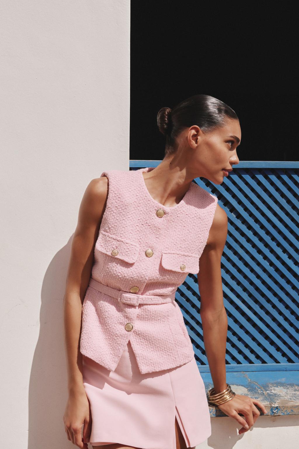 

Текстурированный жилет с поясом ZARA, розовый