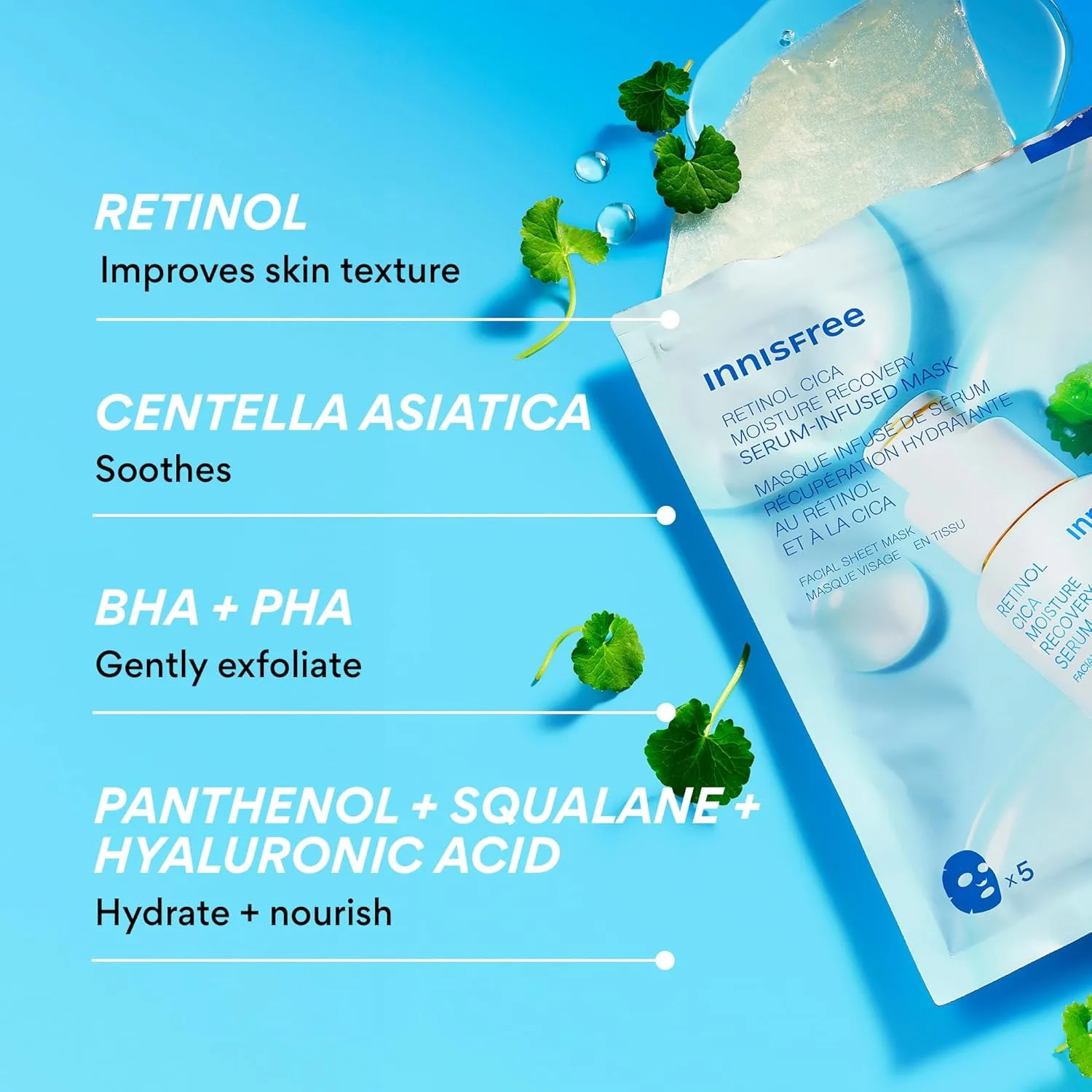 Сыворотка Innisfree — Салфетка Retinol Cica Recovery Serum-Infused Mask, , для успокоения и увлажнения — фото 4