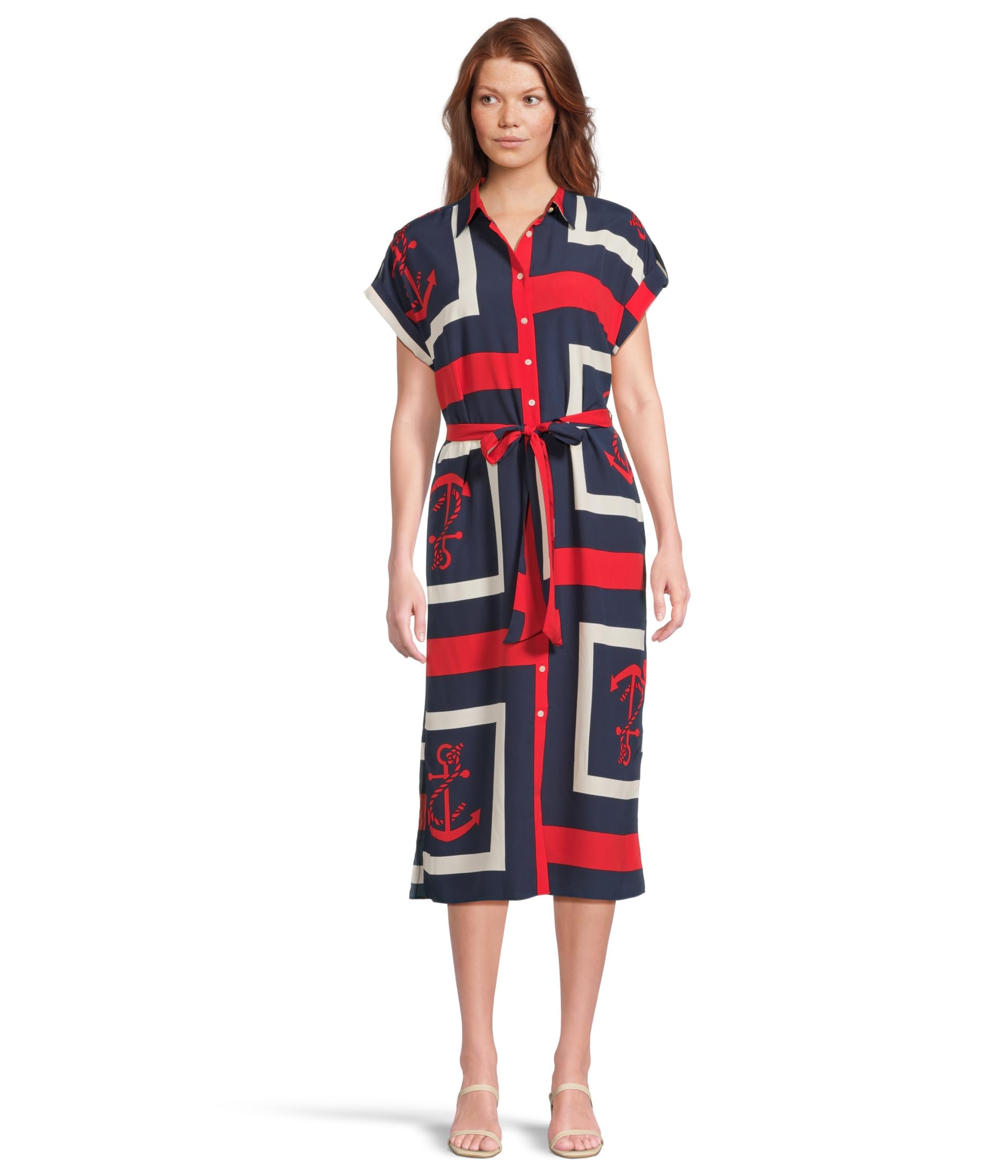 

Платье Lauren Ralph Lauren Anchor-print Belted Crepe Shirtdress, синий мульти