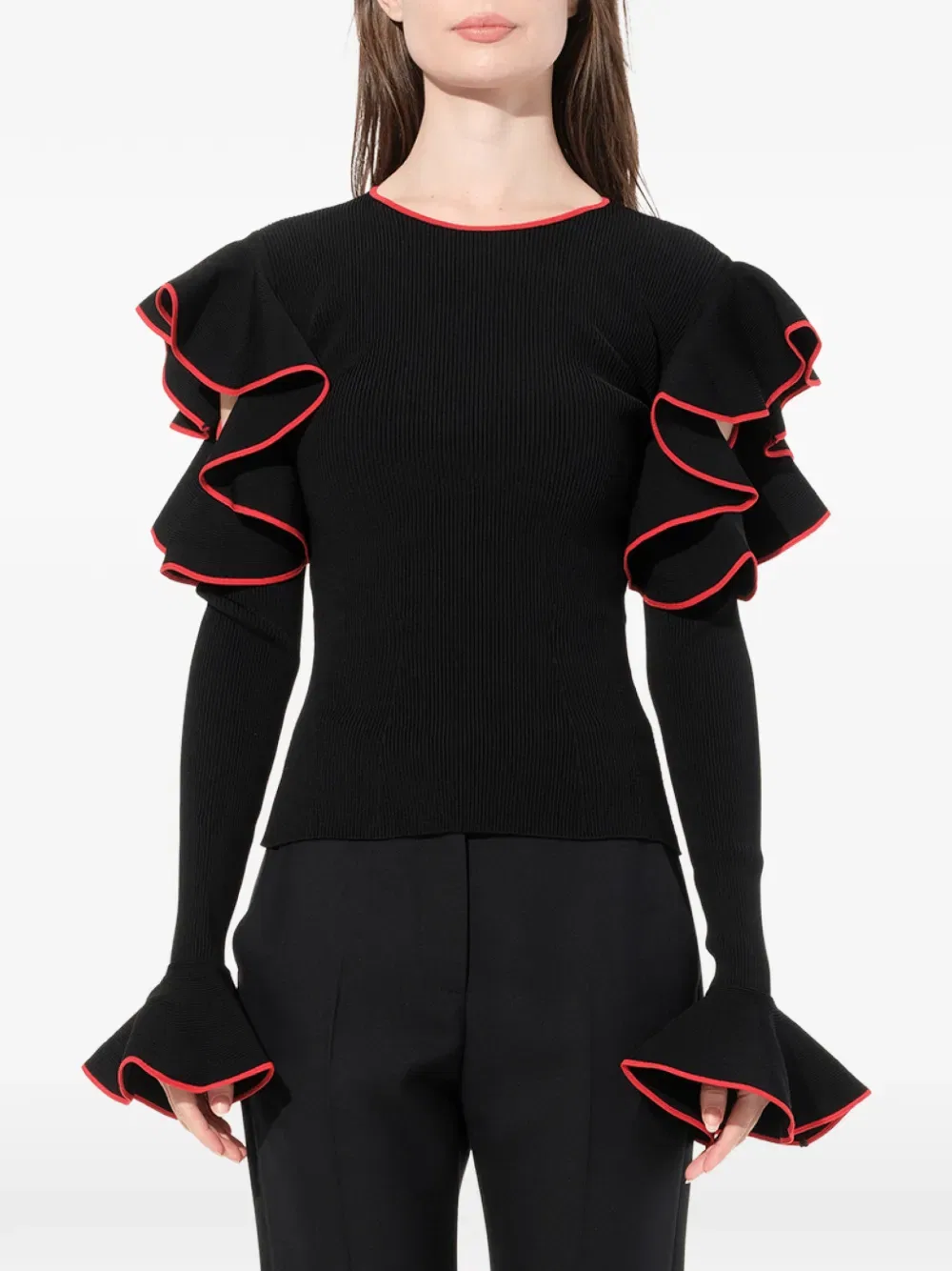 Свитер с оборками на рукавах Alexander Mcqueen, черный
