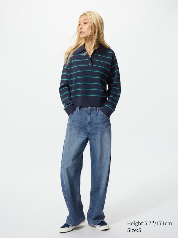 Хлопковый джемпер поло в полоску Uniqlo, 69 navy — фото 2