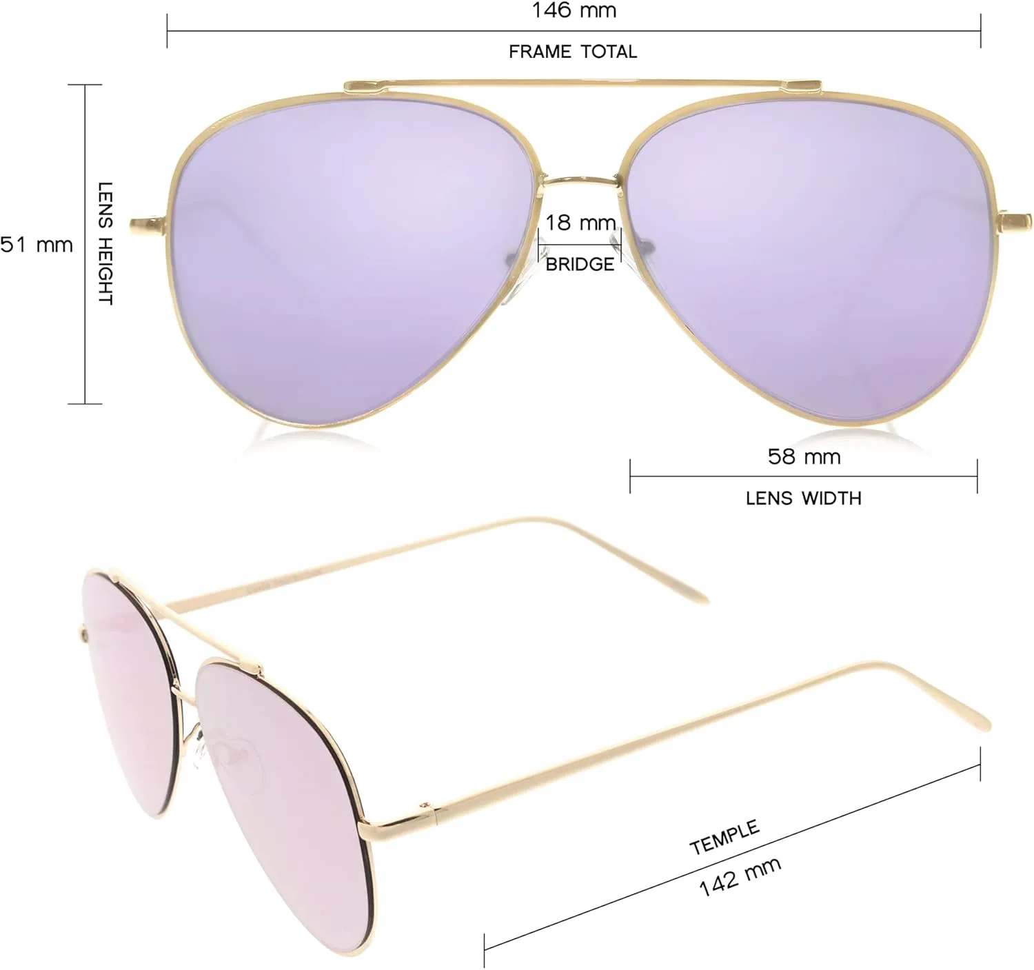 

Женские солнцезащитные очки-авиаторы zeroUV с зеркальными линзами большого размера и плоскими зеркальными линзами, диаметр линз 58 мм, Gold / Purple Mirror