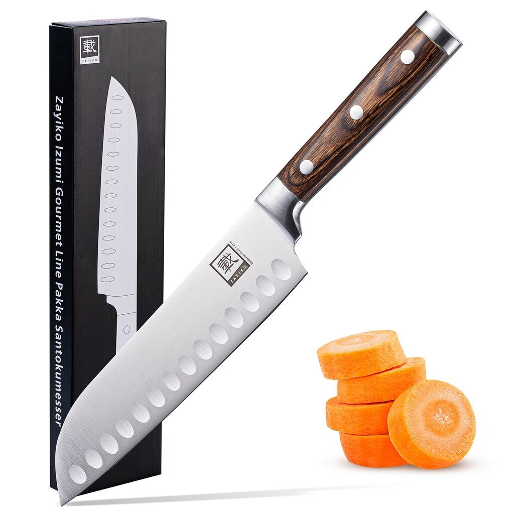 

Нож Zayiko Santoku, лезвие 17,20 см I Sharp кухонный нож и профессиональный поварской нож из немецкой стали с ручкой из дерева Пакка и подарочной коробкой серии Zayiko IZUMI