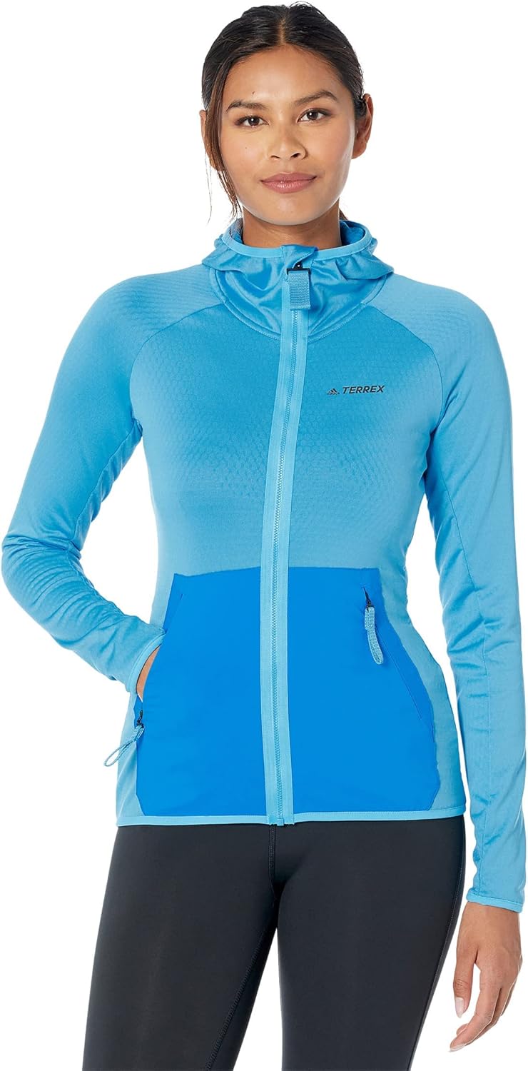 

adidas Женская утепленная флисовая куртка Terrex Tech Fleece Light с капюшоном для походов, Sky Rush/Shock Blue