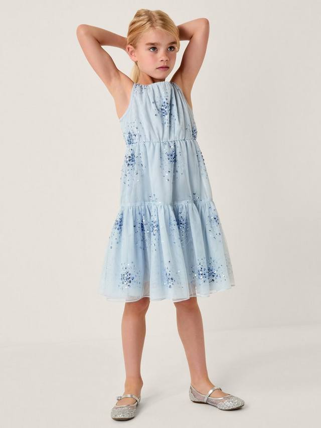

Детское платье для праздника Tilly с пайетками и ярусами Monsoon, Pale Blue