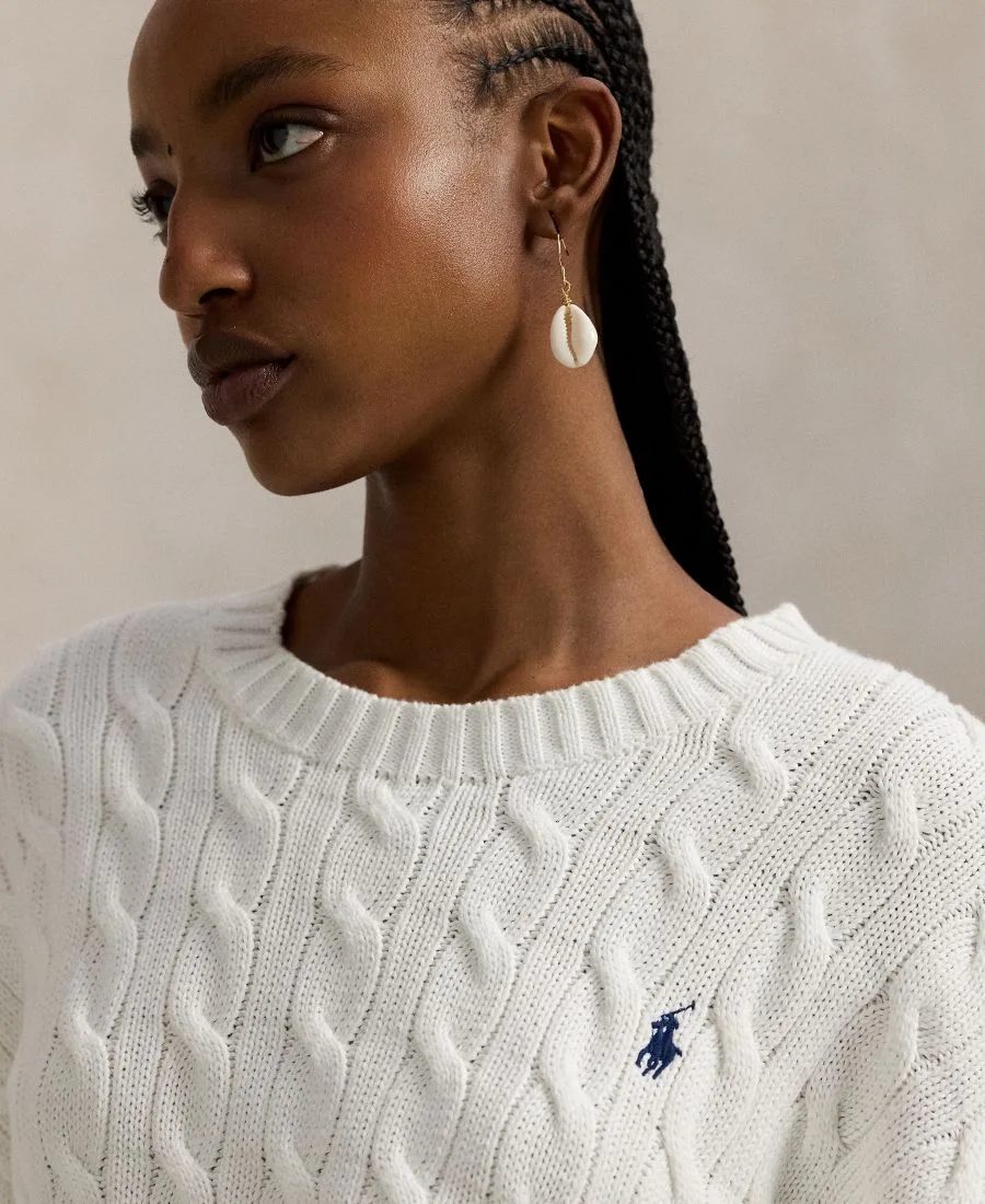 Женский хлопковый свитер крупной вязки с круглым вырезом Polo Ralph Lauren, белый — фото 3