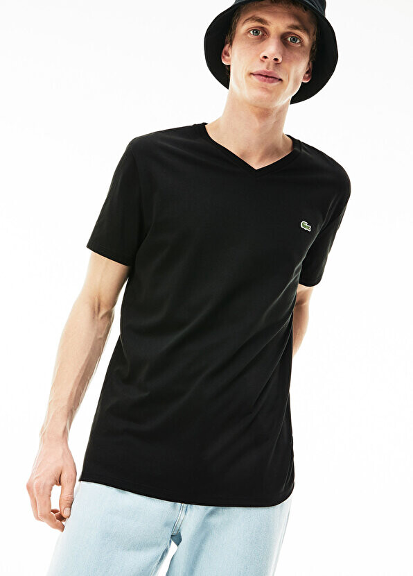 Черная мужская футболка slim fit с v-образным вырезом Lacoste — фото 3
