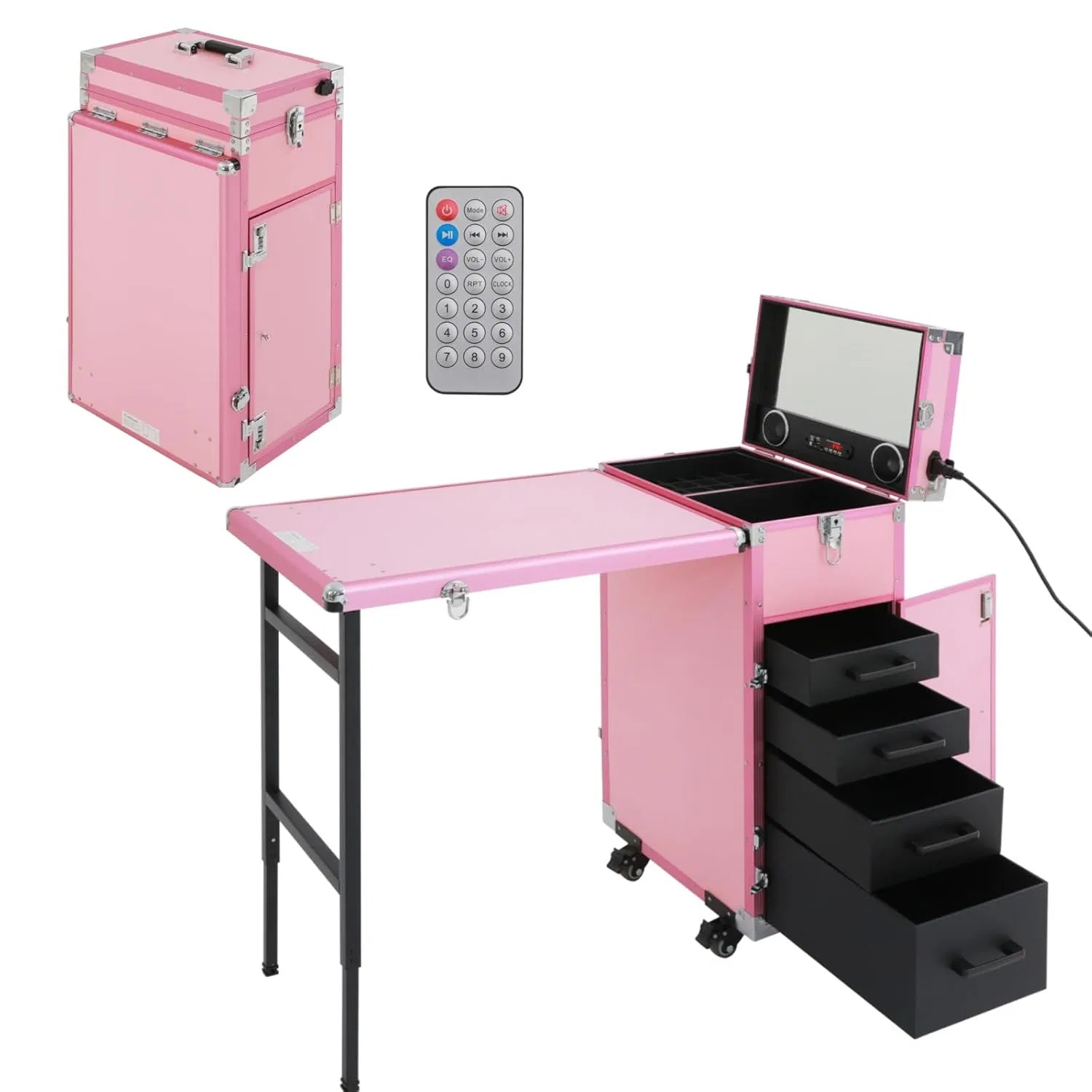 Профессиональный складной маникюрный стол на колесиках с зеркалом и Bluetooth Daohhfo, Pink