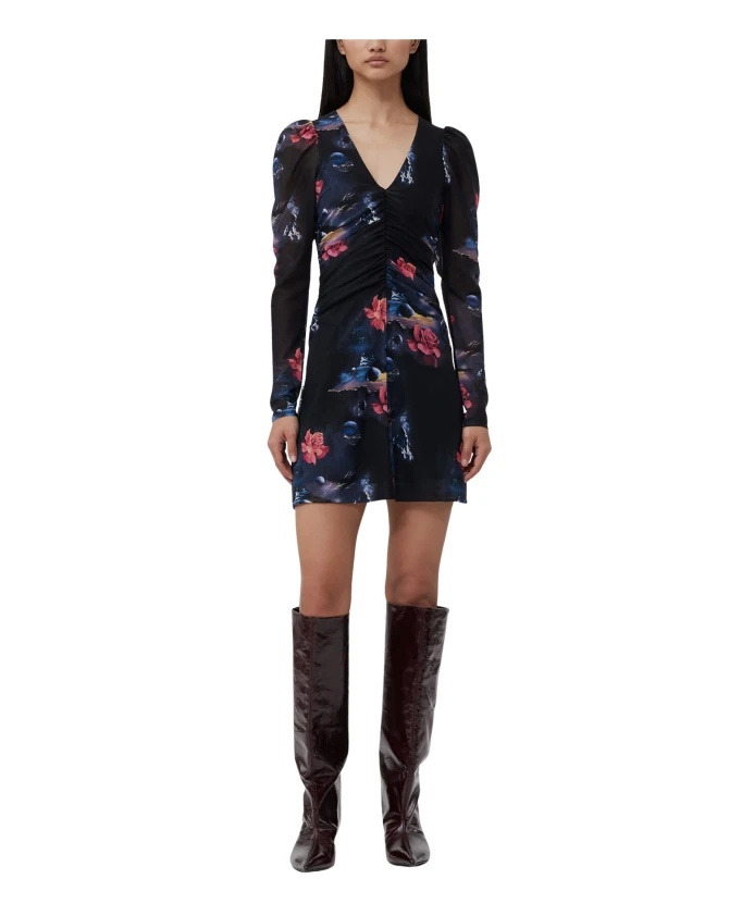 

Мини-Платье из сетчатой ткани с принтом, присборенный фасон. Ganni, черный