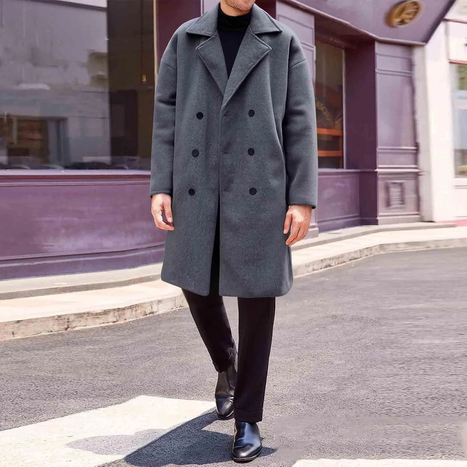 Мужское пальто pea coat средней длины из шерстяной смеси с двубортной застежкой и отложным воротником, утепленное зимнее тренч Generic, серый — фото 3