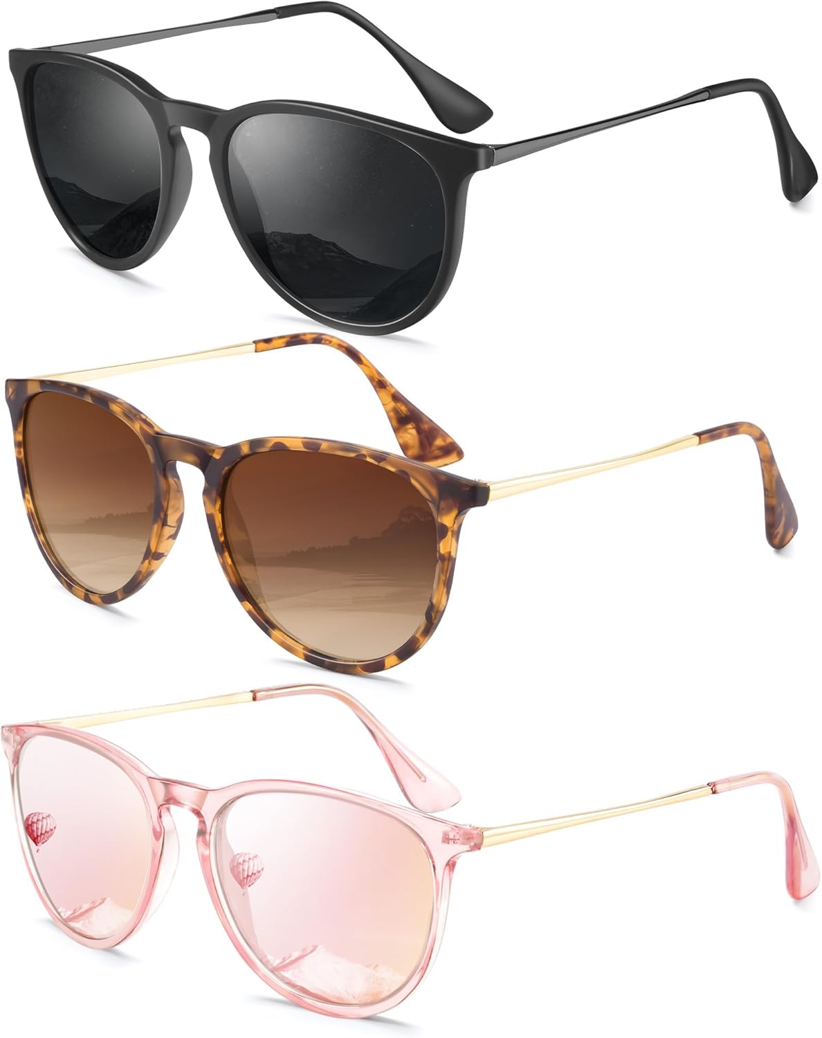 

Женские поляризованные солнцезащитные очки: ретро круглые солнцезащитные очки с защитой UV400, модный набор из 3 штук QALLY, Black/Grey + Matt Leopard/Gradient Brown + Crystal Pink/Barbie Pink