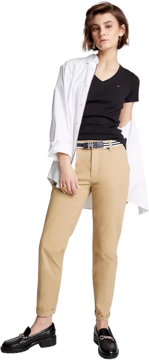 

Женская футболка Tommy Hilfiger с коротким рукавом и V-образным вырезом, однотонная хлопковая, Dark Sable Black.