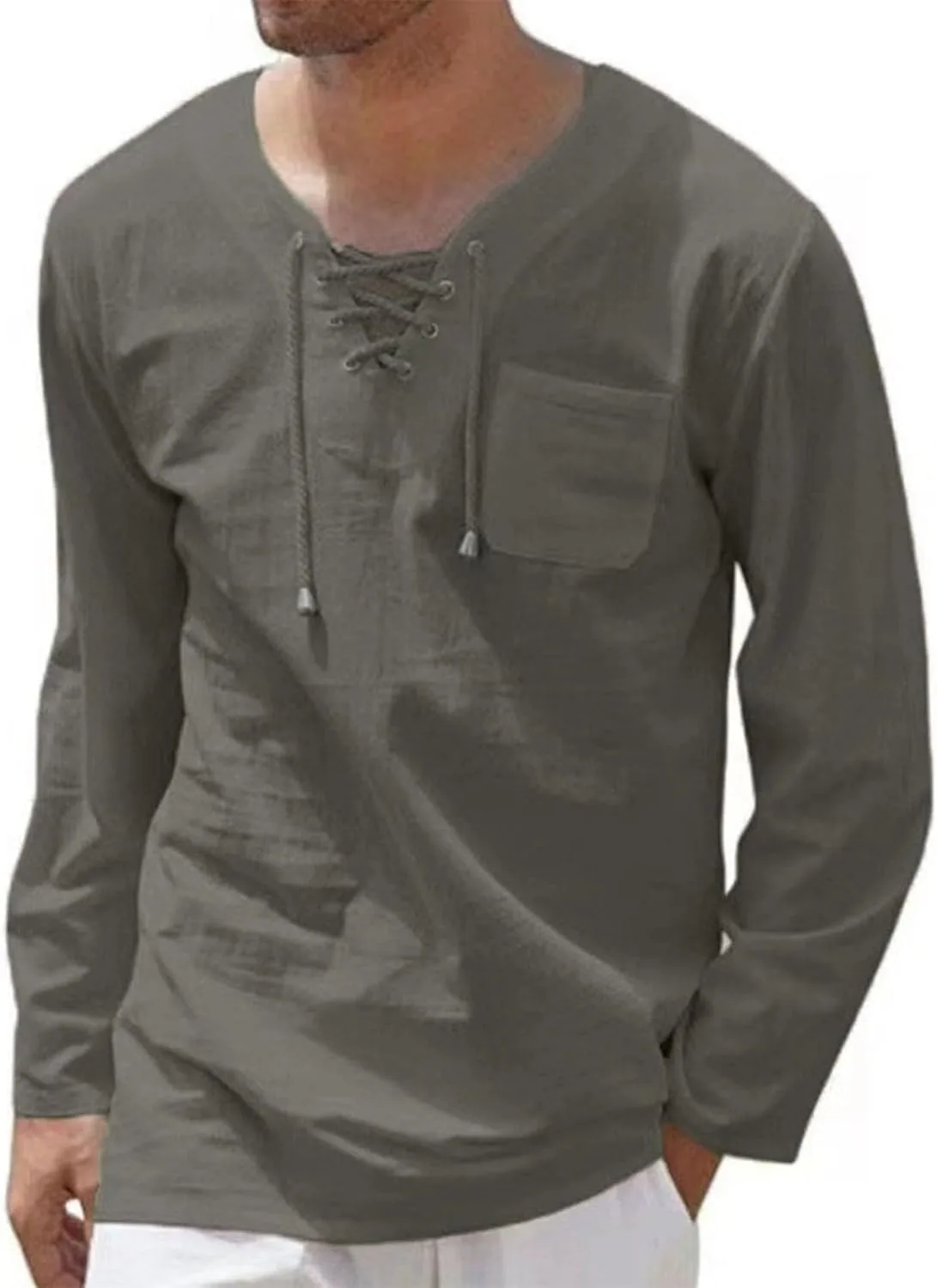 

Мужская льняная рубашка с длинным рукавом и V-образным вырезом YSERB