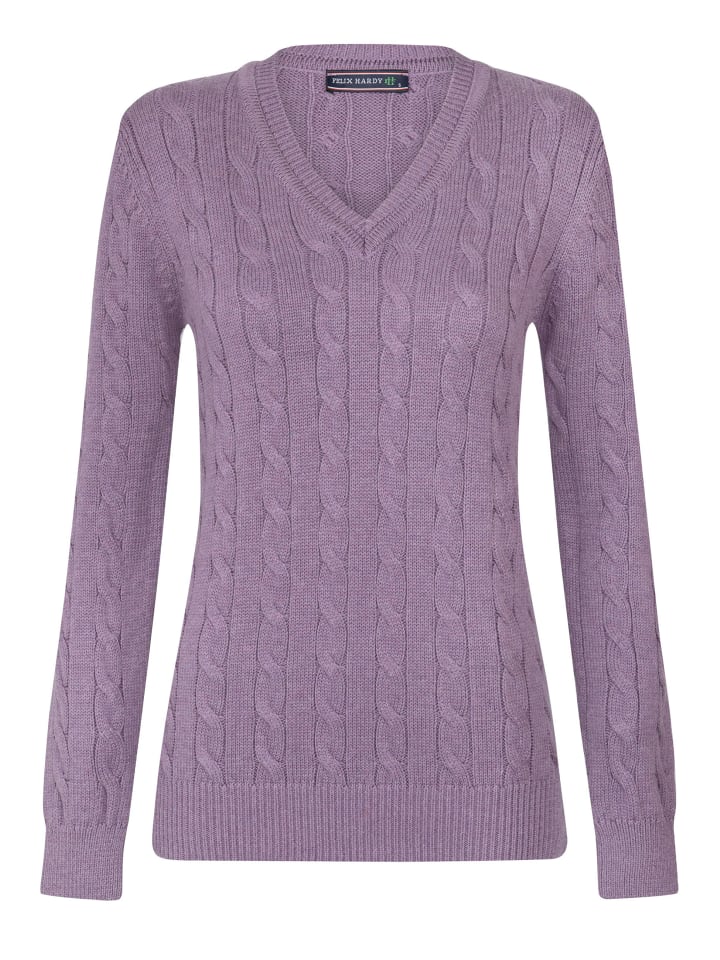 

Свитер крупной вязки с V-образным вырезом, узором косы, фиолетового цвета Felix Hardy