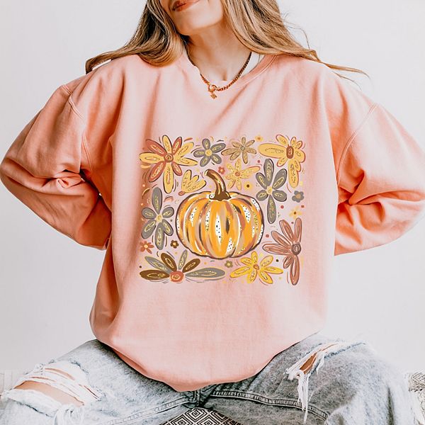 

Легкий свитшот для женщин Fall flowers and pumpkin с эффектом грязевой краски Simply Sage Market, Peachy