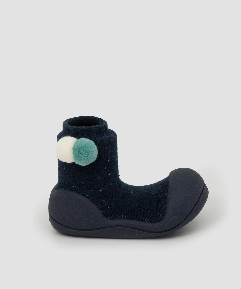 

Детские хлопковые пинетки темно-синего цвета с 2 помпонами Attipas