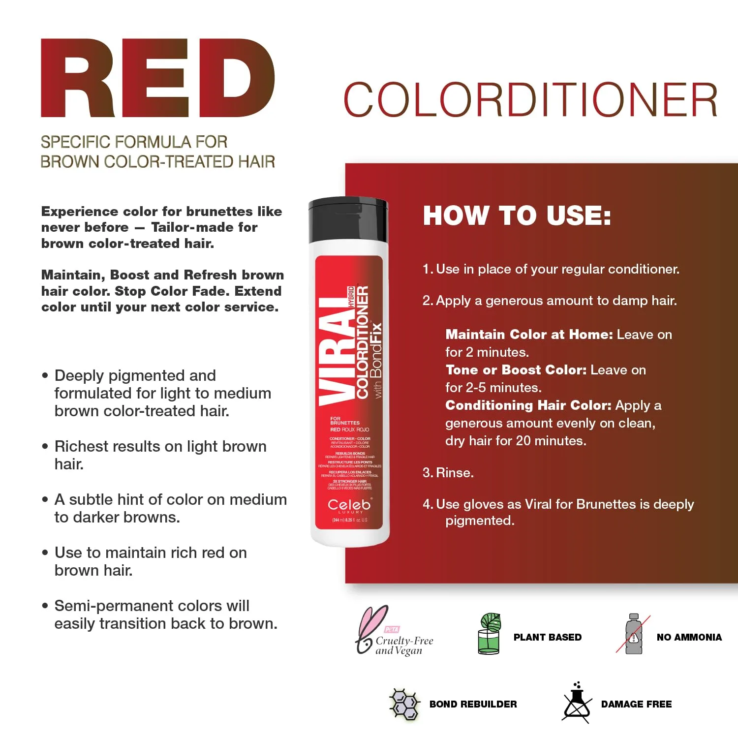 Кондиционер для волос Celeb Luxury Color Depositing Conditioner - средство для обновления цвета с компонентами Bondfix Bond Rebuilder, Viral и Gem Lites, подходит для использования с Colorwash., Red for Brunettes — фото 3