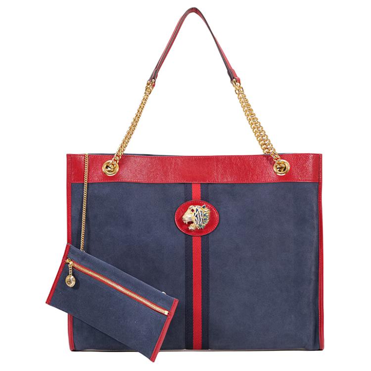 

GUCCI Сумка из замши, шоппер, большая женская сумка через плечо navy blue и red