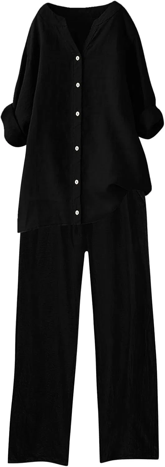 Женский костюм из льноподобной ткани, рубашка и брюки, Black — фото 3