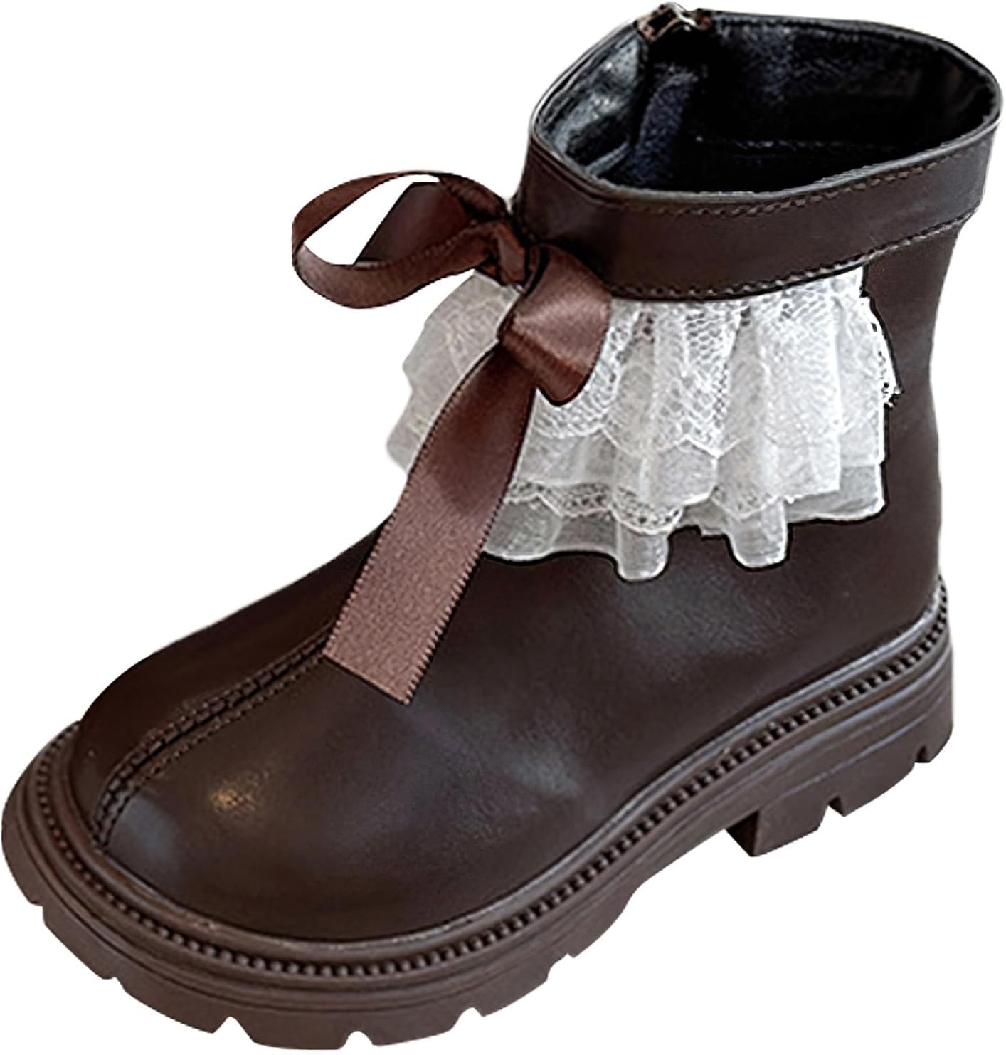 

Ботильоны для девочек Rismart с кружевными рюшами, бантиками, боковой молнией и утепленной подкладкой, Brown