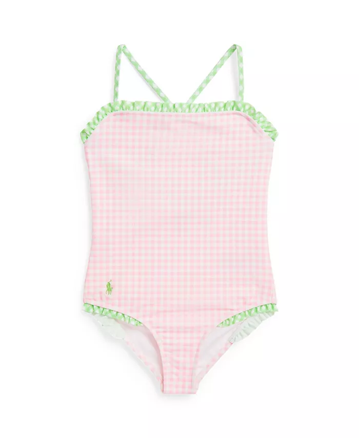 

Купальник цельнокроеный с рюшами в клетку для девочек Toddler и Little Girls Polo Ralph Lauren, розовый