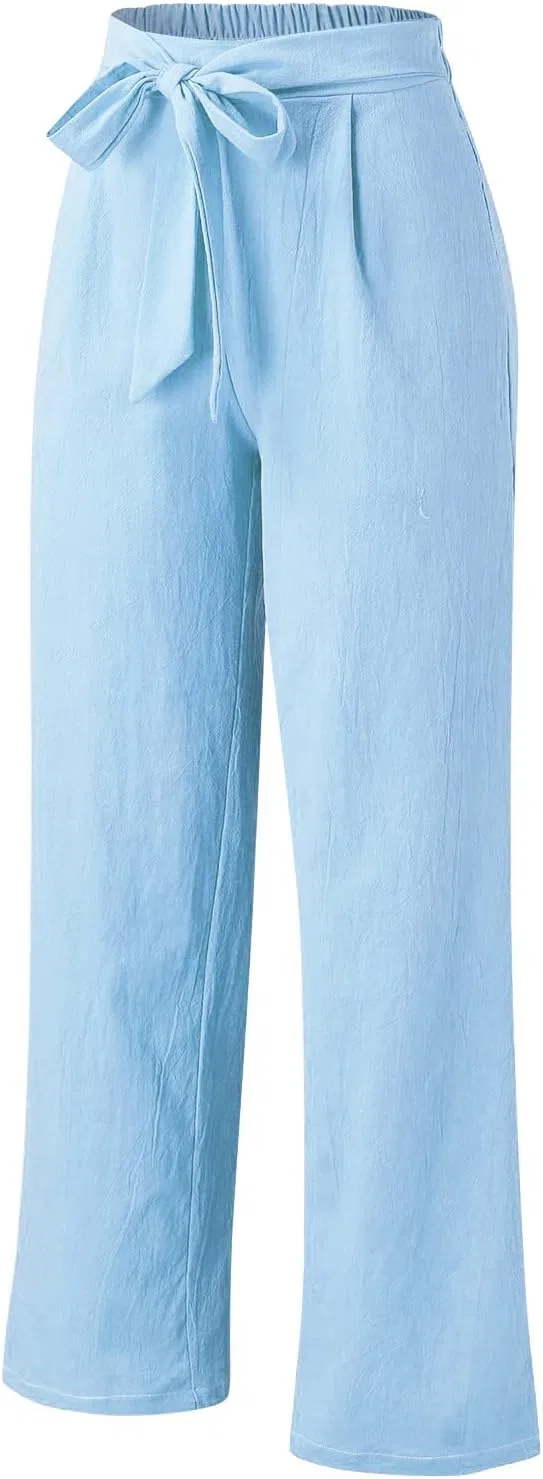 Широкие брюки женские с высокой талией, хлопок и лен, Light Blue — фото 2