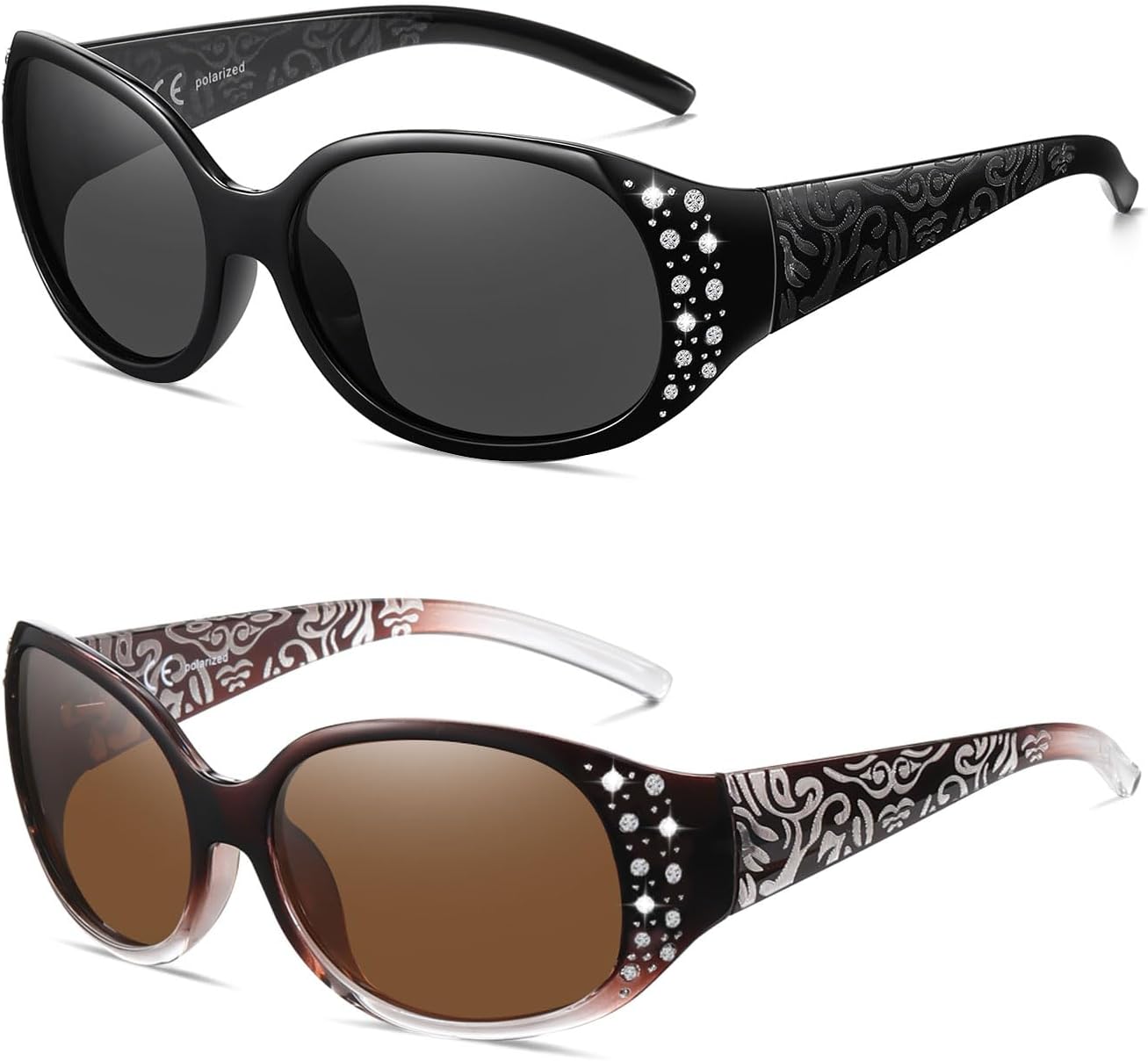 

Женские поляризованные солнцезащитные очки Wzerry, солнцезащитные очки с оправой, украшенные стразами, модные солнцезащитные очки с защитой UV400 для вождения, Black/Grey + Gradient Brown/Brown