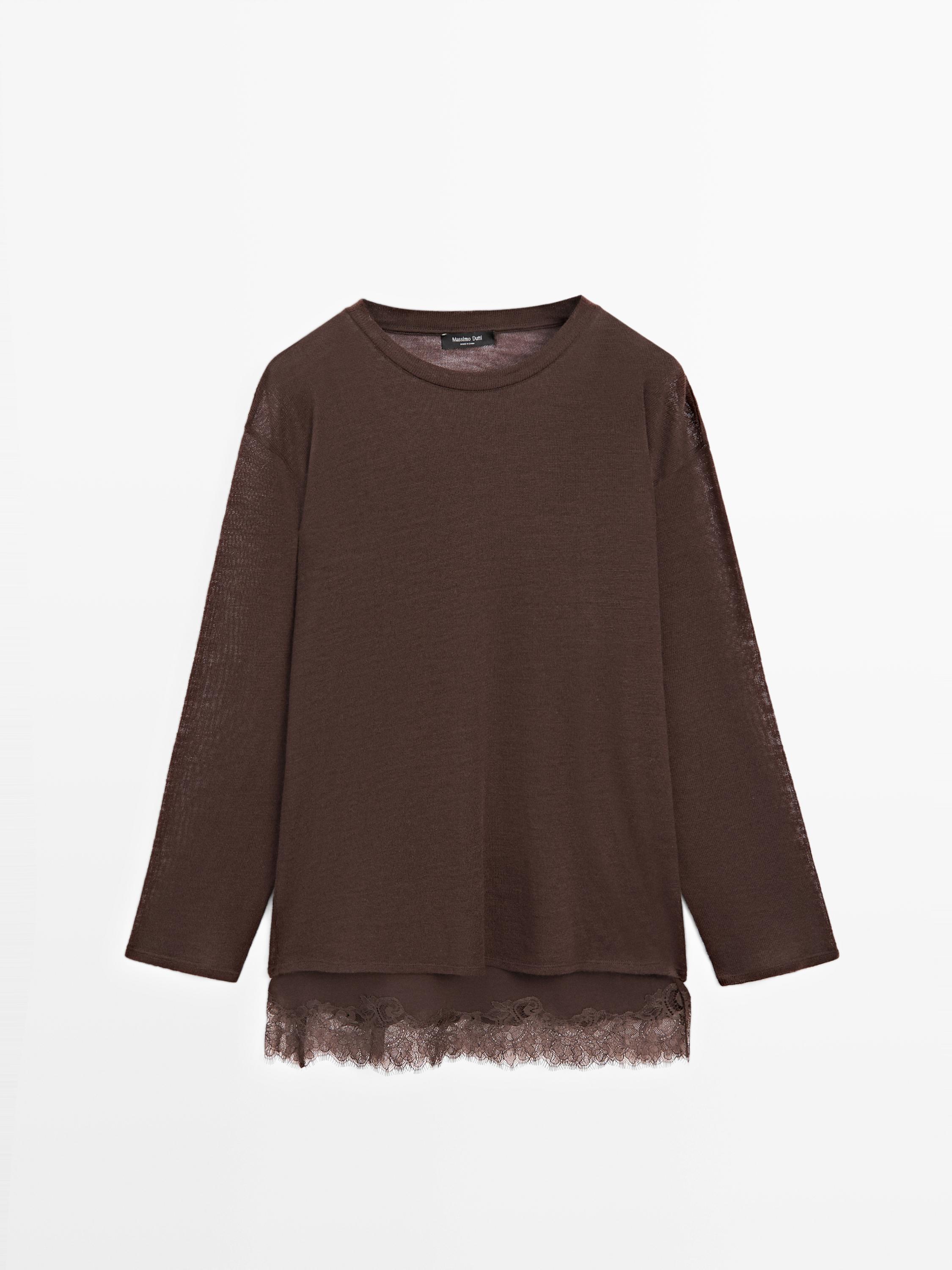 Футболка с длинным рукавом и кружевной деталью Massimo Dutti, brown — фото 2