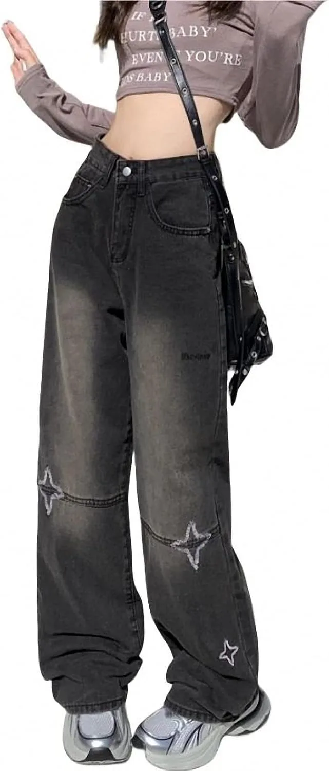

Dawery Star Embroidery Baggy Women черные джинсы с высокой талией