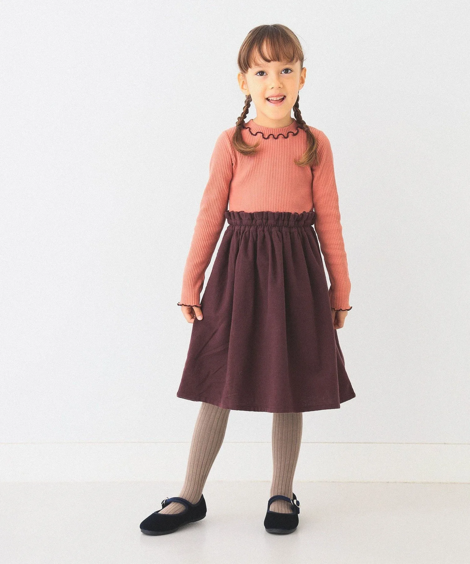 Платье Mellow Rib Switch (90–150 см) BEAMS mini, CORAL×DARK BROWN — фото 3